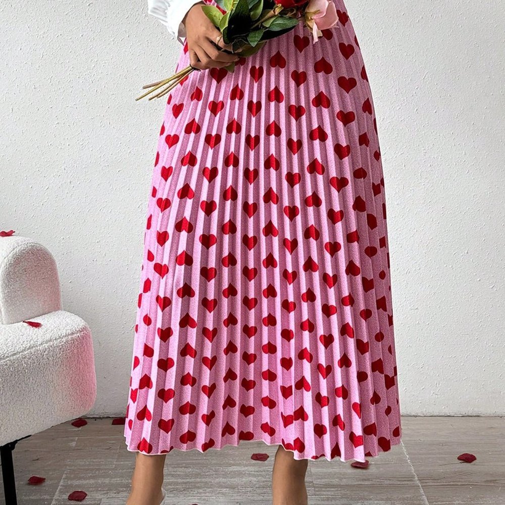 Hot Pink Casual Womens Women's Love Heart Printed Pleated Skirt - Picture 5 of 5